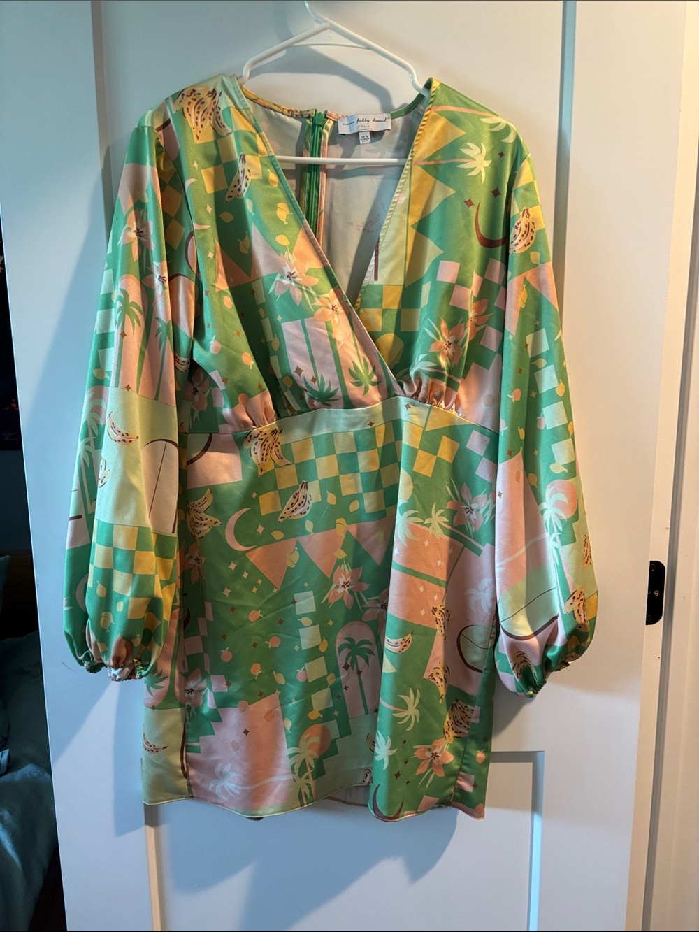 Never Fully Dressed Green and Pink Printed V-Neck Mini Dress
